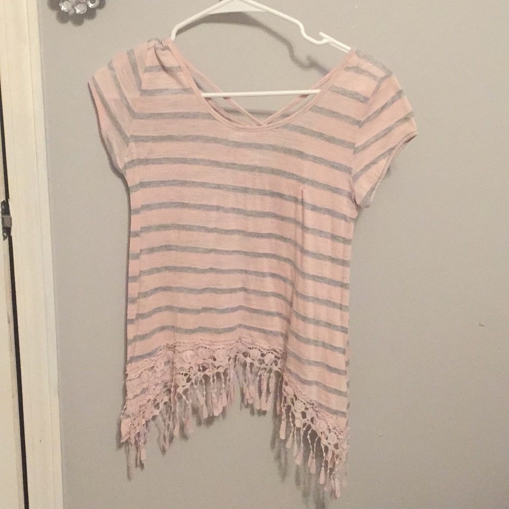 Pink & Gray Summer Top w/ Fringe